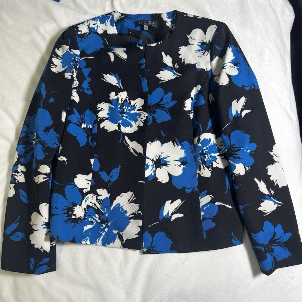 Kasper Blazer Size 10 Women Blue Black White Floral Lined Summer Blazer Open